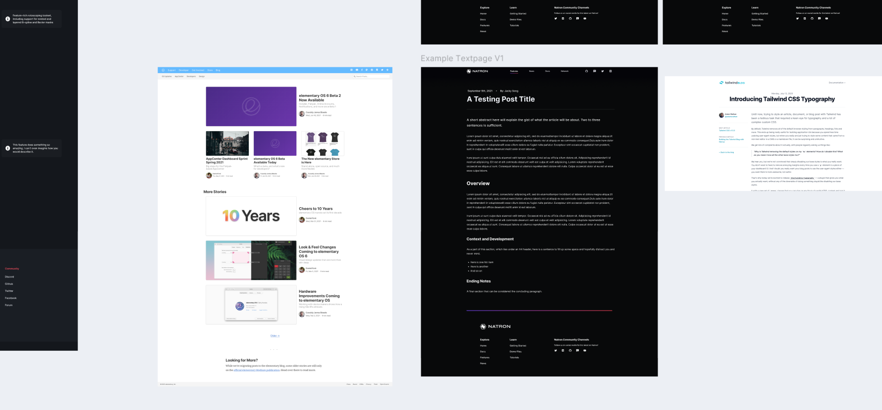 A showcase of design artboards side-by-side with references from Tailwind and ElementaryOS